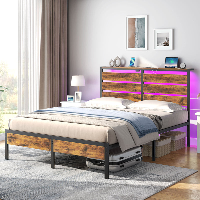 Rolanstar Bed Frame Full Size with USB Charging Station, LED Bed Frame with Wood Storage Headboard, Rustic Brown Metal Platform Bed with Under Bed Storage, No Box Spring Needed, Noise Free