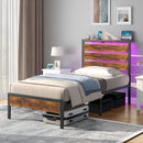 Rolanstar Bed Frame Twin Size with USB Charging Station, LED Bed Frame with Wood Storage Headboard, Rustic Brown Metal Platform Bed with Under Bed Storage, No Box Spring Needed, Noise Free