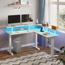 Rolanstar Standing Desk L Shaped with LED Light and Power Outlet, Electric Height Adjustable Computer Office Desk Sit Stand Up with Monitor Stand, Beige