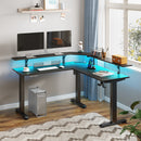 Rolanstar Standing Desk L Shaped with LED Light and Power Outlet, Electric Height Adjustable Computer Office Desk Sit Stand Up with Monitor Stand, Black