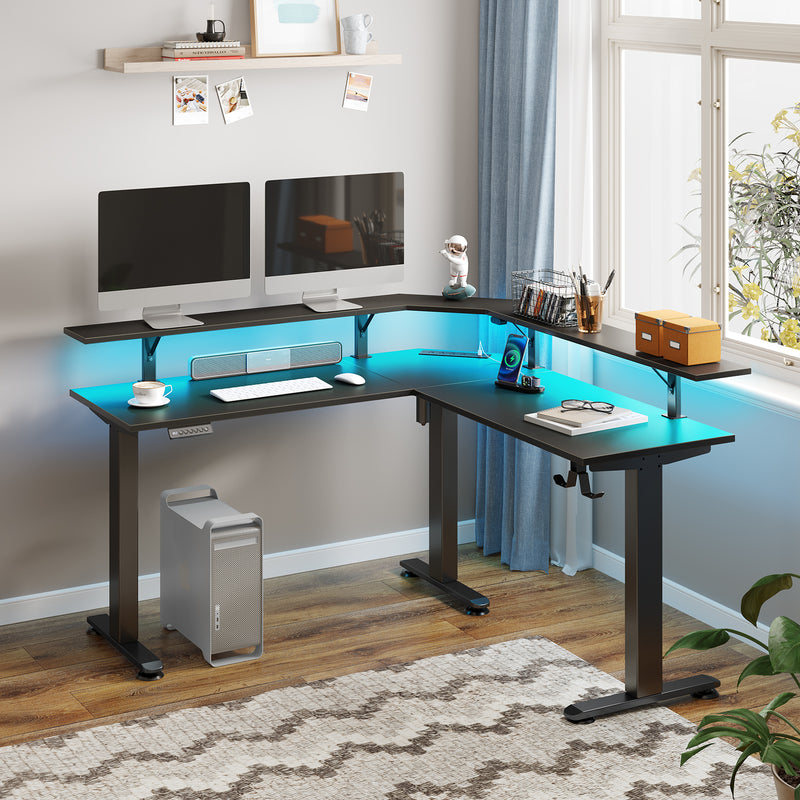 Rolanstar Standing Desk L Shaped with LED Light and Power Outlet, Electric Height Adjustable Computer Office Desk Sit Stand Up with Monitor Stand, Black