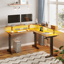 Rolanstar Standing Desk L Shaped with LED Light and Power Outlet, Electric Height Adjustable Computer Office Desk Sit Stand Up with Monitor Stand, Rustic Brown