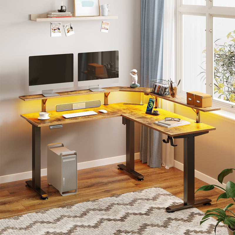 L Shaped Standing Desk With LED & Power Outlet, Electric Height Adjustable For Gaming Office Black Walnut