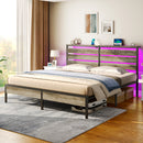 Rolanstar Bed Frame King Size with USB Charging Station, LED Bed Frame with Wood Storage Headboard, Light Grey Metal Platform Bed with Under Bed Storage, No Box Spring Needed, Noise Free
