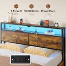 Rolanstar Queen Bed Frame with 4 Storage Drawers, Charging Station and LED Lights, Metal Platform Bed with 2-Tier Storage Headboard, No Box Spring Needed, Easy Assembly, Noise-Free, Rustic Brown