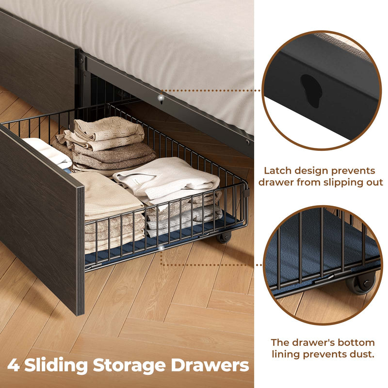 Rolanstar Full Bed Frame with Storage Headboard, Metal Platform Bed with Charging Station, LED, 4 Drawers, Bookcase Storage, No Box Spring Needed, Easy Assembly, Noise-Free, Black