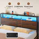Rolanstar Twin Bed Frame with 4 Storage Drawers, Charging Station and LED Lights, Metal Platform Bed with 2-Tier Storage Headboard, No Box Spring Needed, Easy Assembly, Noise-Free, Walnut