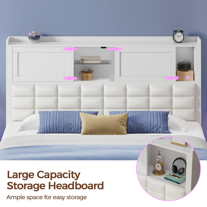Rolanstar Bed Frame  with Charging Station, Bookcase Headboard Bed with LED Light and Sliding Doors, Platform Bed with Wooden Slats, No Box Spring Needed, Noise Free