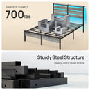 Rolanstar Queen Bed Frame with LED Lights and Charging Station, Wood Storage Headboard and Under Bed Storage, Metal Platform, Noise Free, No Box Spring Needed, Grey