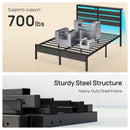 Rolanstar Full Size Bed Frame with LED Lights and Charging Station, Wood Storage Headboard and Under Bed Storage, Metal Platform, Noise Free, No Box Spring Needed, Balck Oak