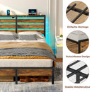 Rolanstar Bed Frame King Size with USB Charging Station, LED Bed Frame with Wood Storage Headboard, Rustic Brown Metal Platform Bed with Under Bed Storage, No Box Spring Needed, Noise Free