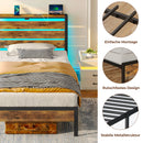 Rolanstar Bed Frame Twin Size with USB Charging Station, LED Bed Frame with Wood Storage Headboard, Rustic Brown Metal Platform Bed with Under Bed Storage, No Box Spring Needed, Noise Free