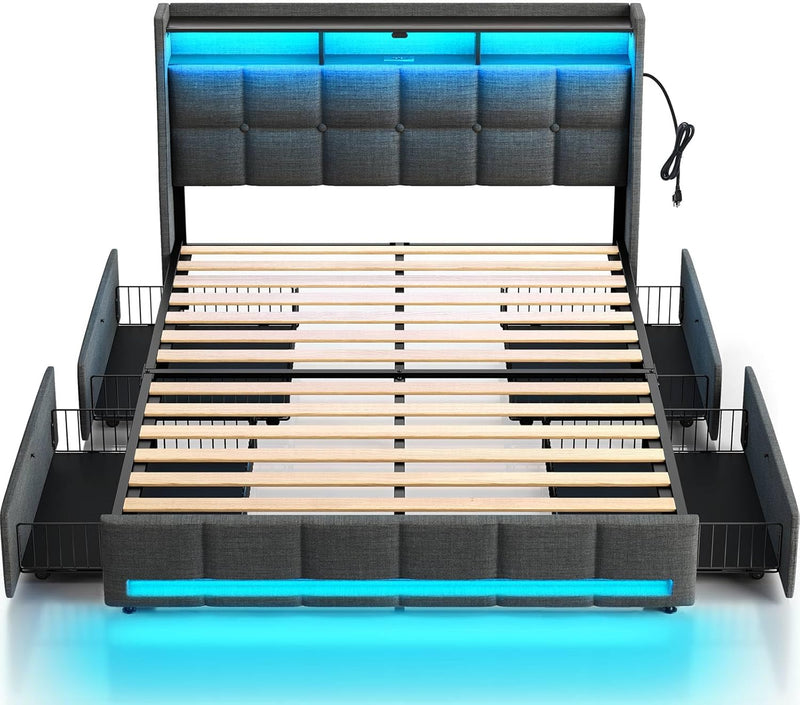Rolanstar Queen Size Bed Frame with LED Lights and Charging Station, Upholstered Bed Storage Headboard & Drawers, Heavy Duty Wood Slats, Easy Assembly