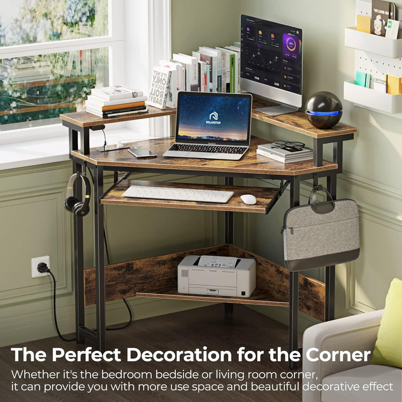Rolanstar Corner Desk, 44.5" W x 34.5" H Small Computer Desk with Power Outlets, Gaming Desk with LED Lights, Triangle Corner Desk with Keyboard Tray & Monitor Stand for Small Space, Rustic Brown