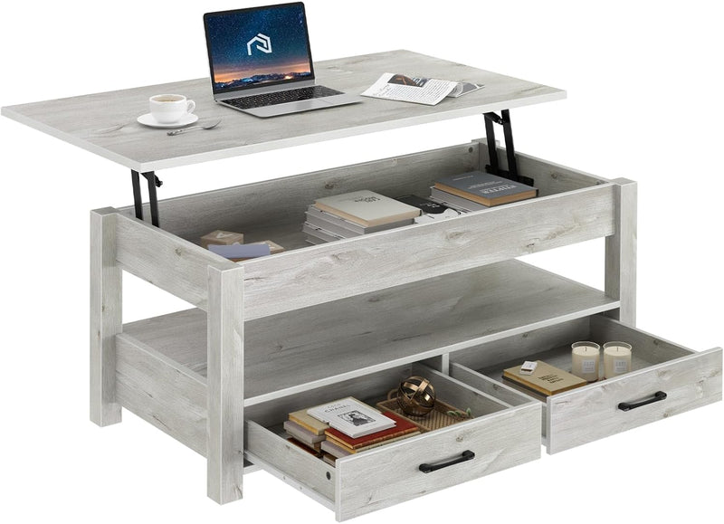 Rolanstar Coffee Table, Lift Top Coffee Table with Drawers and Hidden Compartment, Living Room Table with Wooden Lift Tabletop, for Living Room, Grey