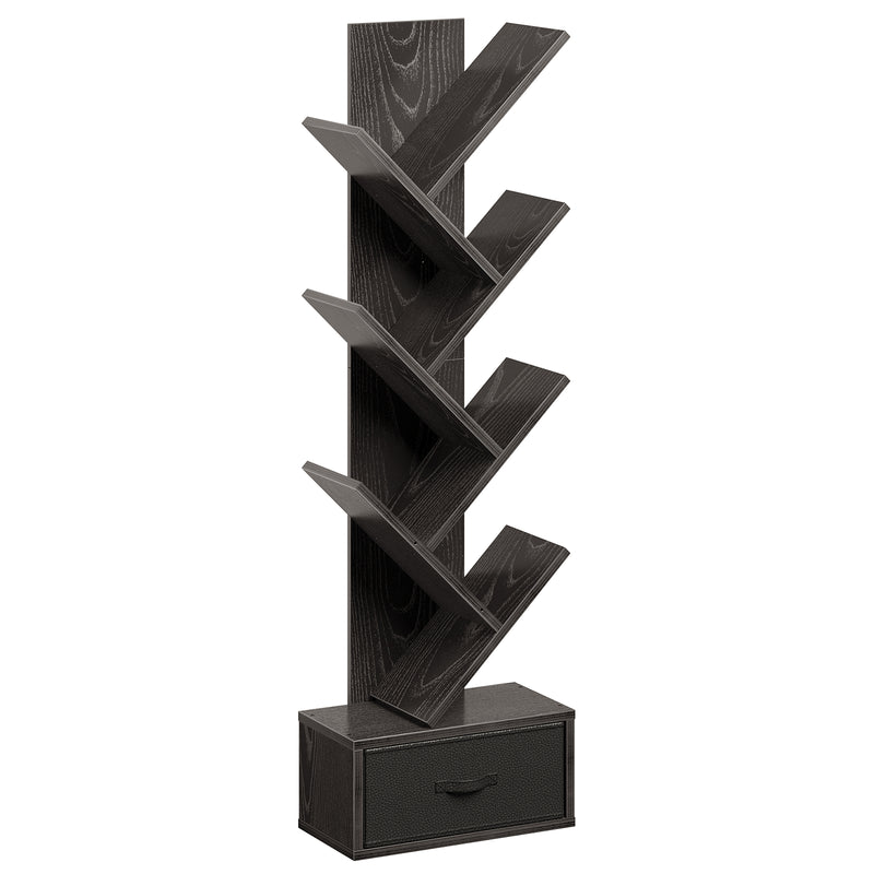 Rolanstar Bookshelf with Drawer, 7 Shelf Tree Bookshelf, Wooden Bookshelves Storage Rack for CDs/Movies/Books, Black Bookcase, Utility Organizer Shelves for Living Room, Bedroom