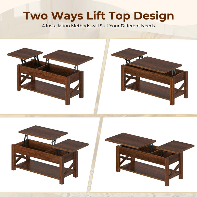 Rolanstar 47.2" Lift Top Coffee Table with Hidden Compartment, 2 Way Lift Top Coffee Table with Open Shelf & X Wooded Support, Table for Living Room, Espresso, 47.2" W x 19.7" D x 19-24.4" H