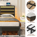 Rolanstar Bed Frame King Size with USB Charging Station, LED Bed Frame with Wood Storage Headboard, Black Metal Platform Bed with Under Bed Storage, No Box Spring Needed, Noise Free