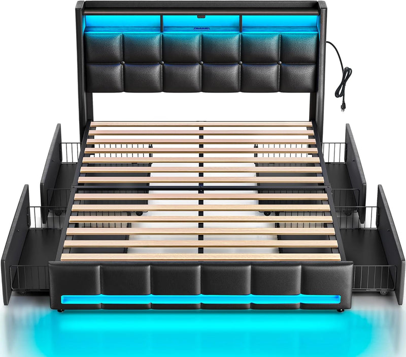 Rolanstar Full Size Bed Frame with LED Lights and Charging Station, PU Leather Bed Storage Headboard & Drawers, Heavy Duty Wood Slats, Easy Assembly, Black