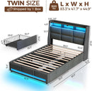 Rolanstar Twin Size Bed Frame with LED Lights and Charging Station, Upholstered Bed Storage Headboard & Drawers, Heavy Duty Wood Slats, Easy Assembly
