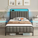 Rolanstar Bed Frame with Charging Station and LED Lights, Upholstered Velvet Bed with Headboard Footboard