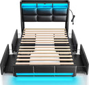 Rolanstar Twin Size Bed Frame with LED Lights and Charging Station, PU Leather Bed Storage Headboard & Drawers, Heavy Duty Wood Slats, Easy Assembly, Black