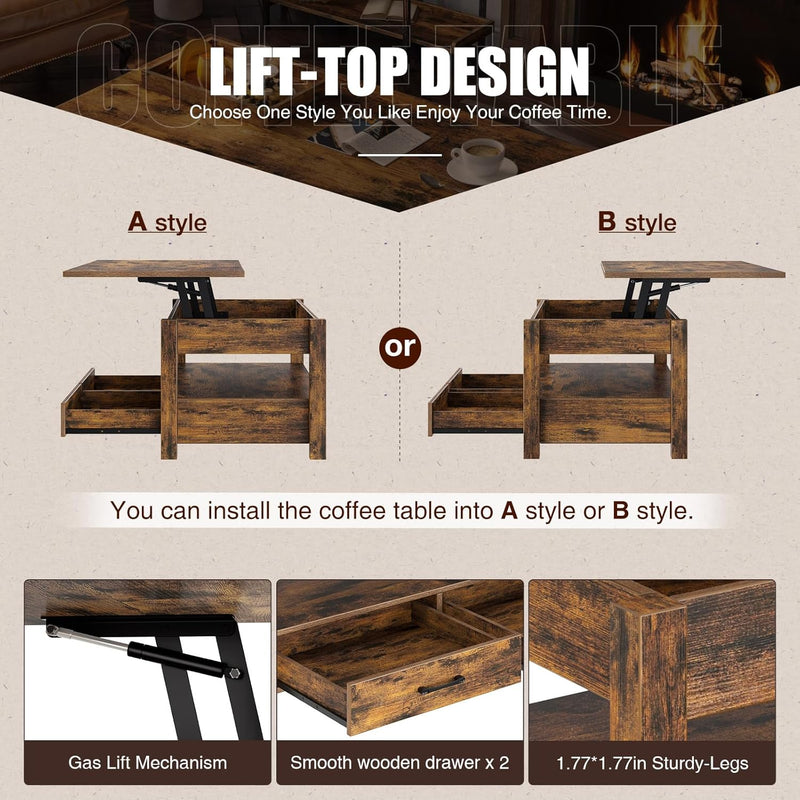 Rolanstar Coffee Table, Lift Top Coffee Table with Drawers and Hidden Compartment, Retro Central Table with Wooden Lift Tabletop, for Living Room,Rustic Brown
