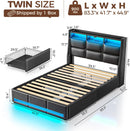 Rolanstar Twin Size Bed Frame with LED Lights and Charging Station, PU Leather Bed Storage Headboard & Drawers, Heavy Duty Wood Slats, Easy Assembly, Black