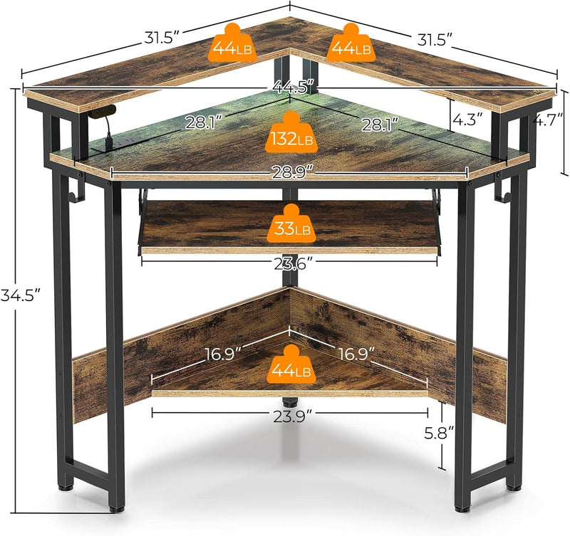 Rolanstar Corner Desk, 44.5" W x 34.5" H Small Computer Desk with Power Outlets, Gaming Desk with LED Lights, Triangle Corner Desk with Keyboard Tray & Monitor Stand for Small Space, Rustic Brown