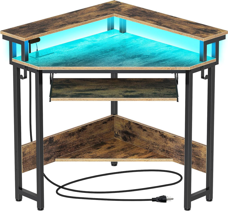 Rolanstar Corner Desk, 44.5" W x 34.5" H Small Computer Desk with Power Outlets, Gaming Desk with LED Lights, Triangle Corner Desk with Keyboard Tray & Monitor Stand for Small Space, Rustic Brown