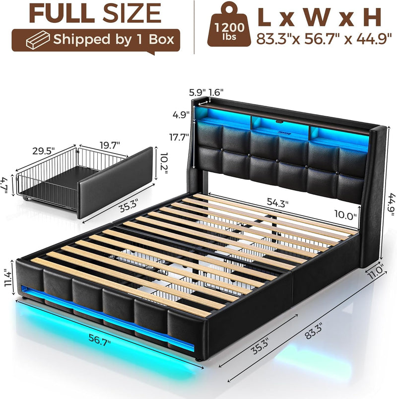 Rolanstar Full Size Bed Frame with LED Lights and Charging Station, PU Leather Bed Storage Headboard & Drawers, Heavy Duty Wood Slats, Easy Assembly, Black