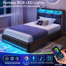 Rolanstar Twin Size Bed Frame with LED Lights and Charging Station, PU Leather Bed Storage Headboard & Drawers, Heavy Duty Wood Slats, Easy Assembly, Black