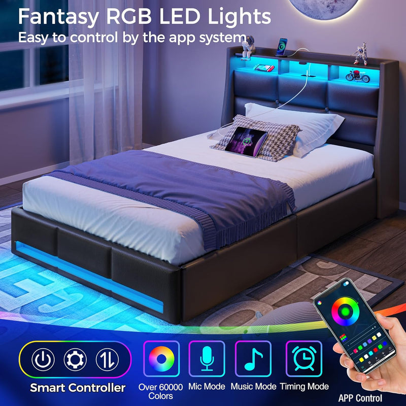 Rolanstar Twin Size Bed Frame with LED Lights and Charging Station, PU Leather Bed Storage Headboard & Drawers, Heavy Duty Wood Slats, Easy Assembly, Black