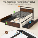 Rolanstar Twin Bed Frame with 4 Storage Drawers, Charging Station and LED Lights, Metal Platform Bed with 2-Tier Storage Headboard, No Box Spring Needed, Easy Assembly, Noise-Free, Walnut