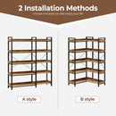 Rolanstar Bookshelf 5 Tier with 4 Hooks, Reversible Corner Bookshelf, 65" Industrial Wooden Bookcase with Open Shelves and Metal Frame for Living Room, Bedroom, Home Office, Rustic Brown
