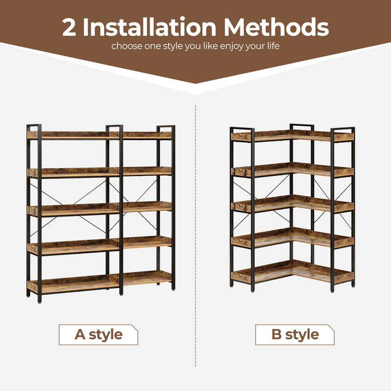 Rolanstar Bookshelf 5 Tier with 4 Hooks, Reversible Corner Bookshelf, 65" Industrial Wooden Bookcase with Open Shelves and Metal Frame for Living Room, Bedroom, Home Office, Rustic Brown
