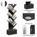 Rolanstar Bookshelf with Drawer, 7 Shelf Tree Bookshelf, Wooden Bookshelves Storage Rack for CDs/Movies/Books, Black Bookcase, Utility Organizer Shelves for Living Room, Bedroom