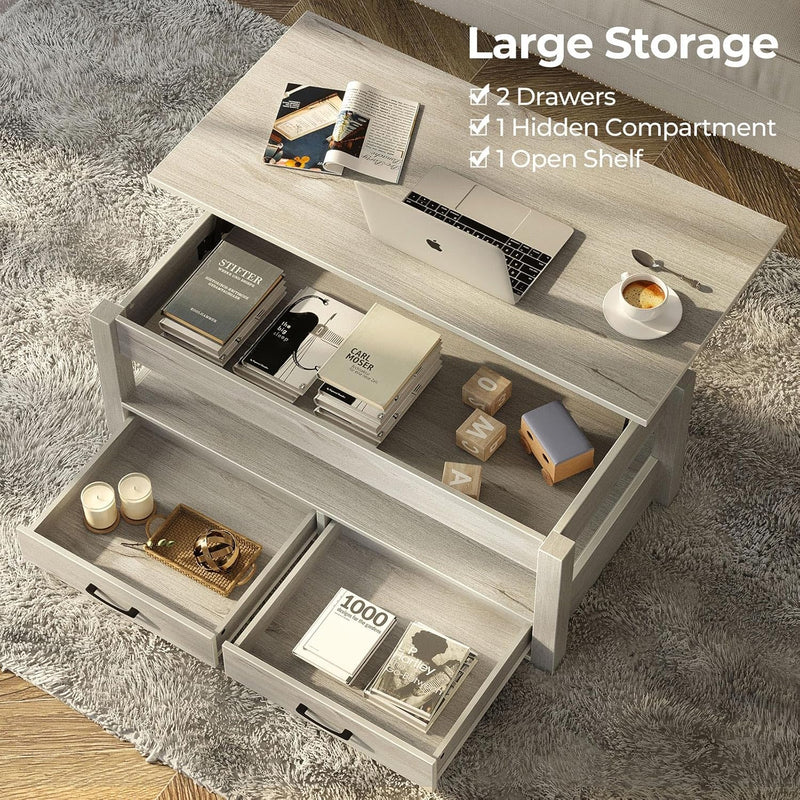 Rolanstar Coffee Table, Lift Top Coffee Table with Drawers and Hidden Compartment, Living Room Table with Wooden Lift Tabletop, for Living Room, Grey