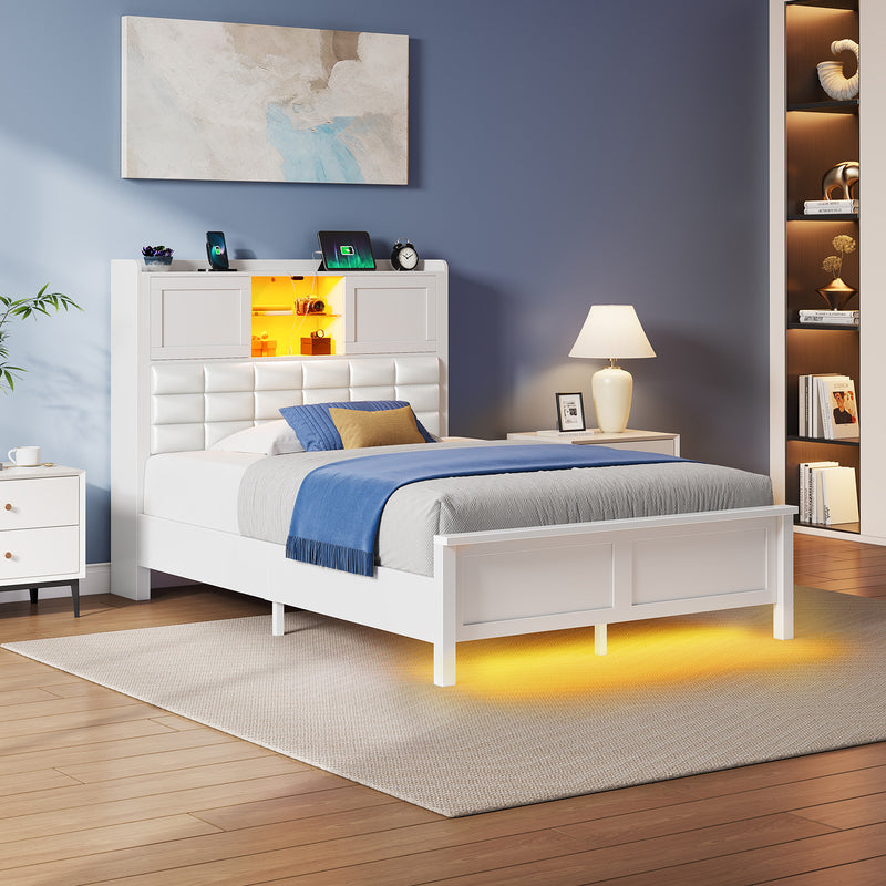 Rolanstar Bed Frame  with Charging Station, Bookcase Headboard Bed with LED Light and Sliding Doors, Platform Bed with Wooden Slats, No Box Spring Needed, Noise Free