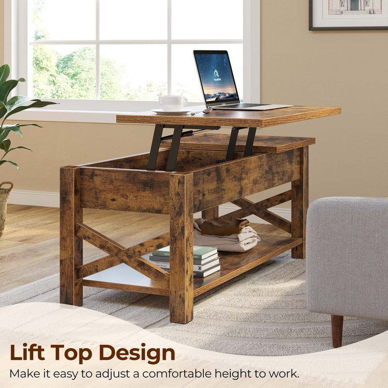 Rolanstar Coffee Table 47.2", 2 Way Lift Top Coffee Table with Hidden Compartment, Lift Top Coffee Table with Open Shelf & X Wooden Support, Farmhouse Center Table for Living Room, Rustic Brown