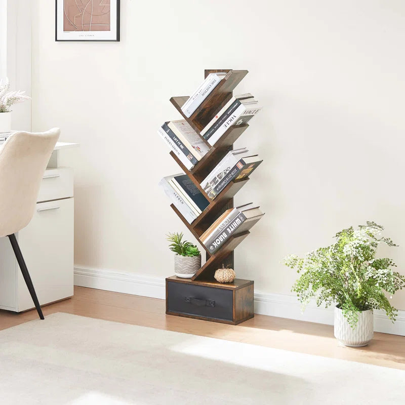 Rolanstar Bookshelf with Drawer, Free Standing Tree Bookcase，Geometric Storage Bookcase with Drawer,Etagere Bookcase for Living Room, Bedroom