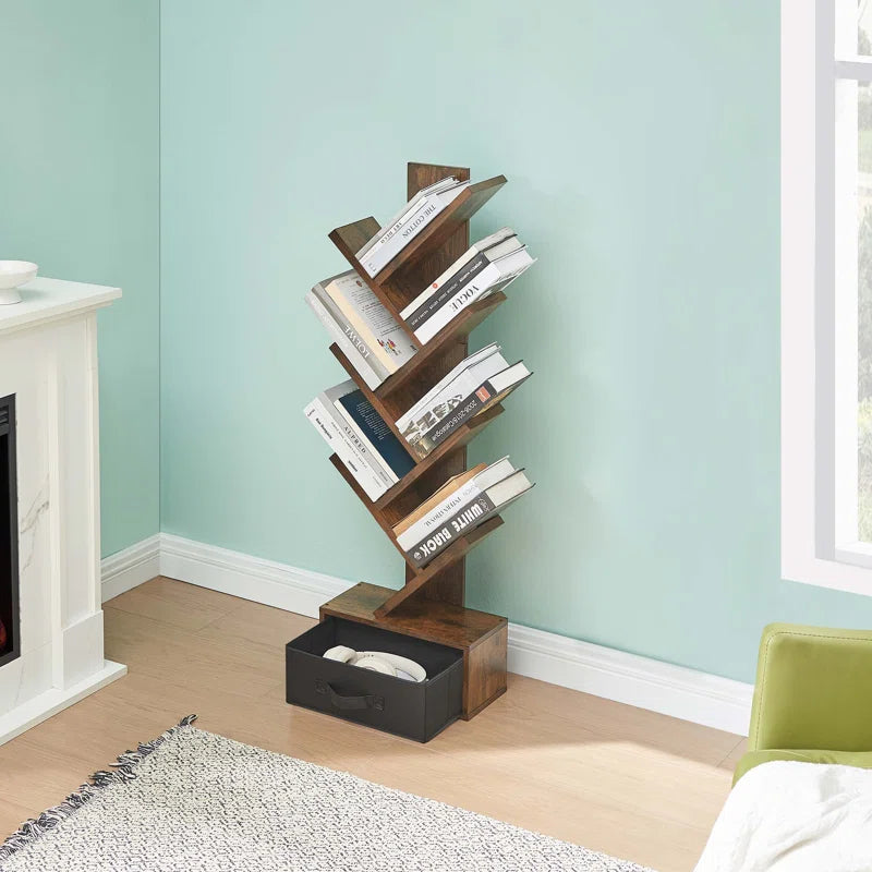 Rolanstar Bookshelf with Drawer, Free Standing Tree Bookcase，Geometric Storage Bookcase with Drawer,Etagere Bookcase for Living Room, Bedroom