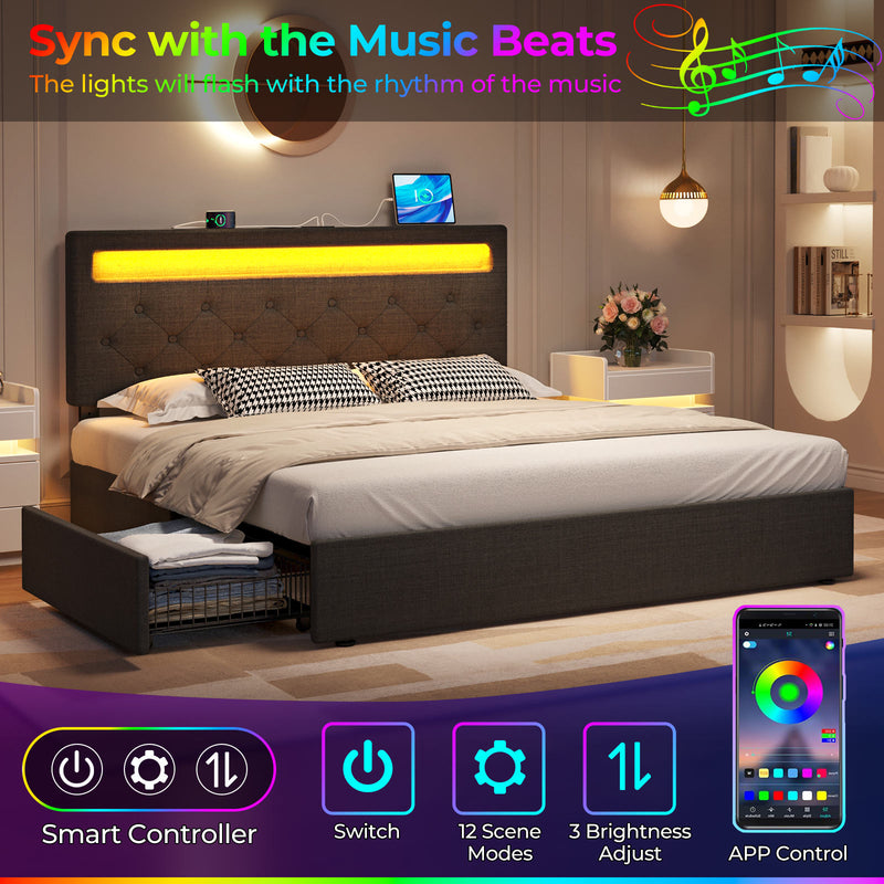 Rolanstar Queen Size Bed Frame with Charging Station and LED Lights, Dark Grey, UPC 810142980005