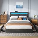 Rolanstar Queen Size Bed Frame with Charging Station and LED Lights, Dark Grey, UPC 810142980005