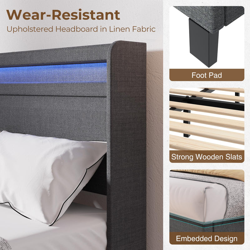Rolanstar Bed Frame with Headboard and Motion Activated Night Light