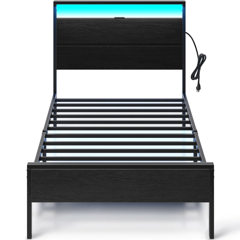 Rolanstar Metal Platform Bed Frame with Charging Station LED Lights Headboard