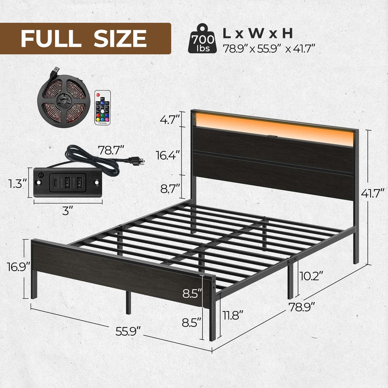 Rolanstar Metal Platform Bed Frame with Charging Station LED Lights Headboard