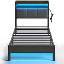 Rolanstar Bed Frame with Charging Station and LED Lights, Upholstered Headboard with Storage Shelves, Dark Grey
