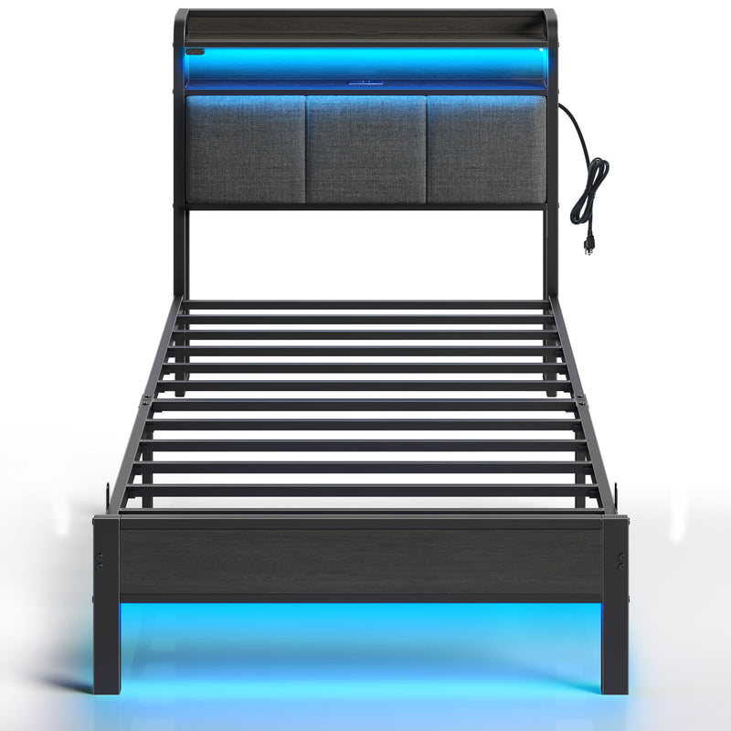 Rolanstar Bed Frame with Charging Station and LED Lights, Upholstered Headboard with Storage Shelves, Dark Grey