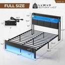 Rolanstar Bed Frame with Charging Station and LED Lights, Upholstered Headboard with Storage Shelves, Dark Grey